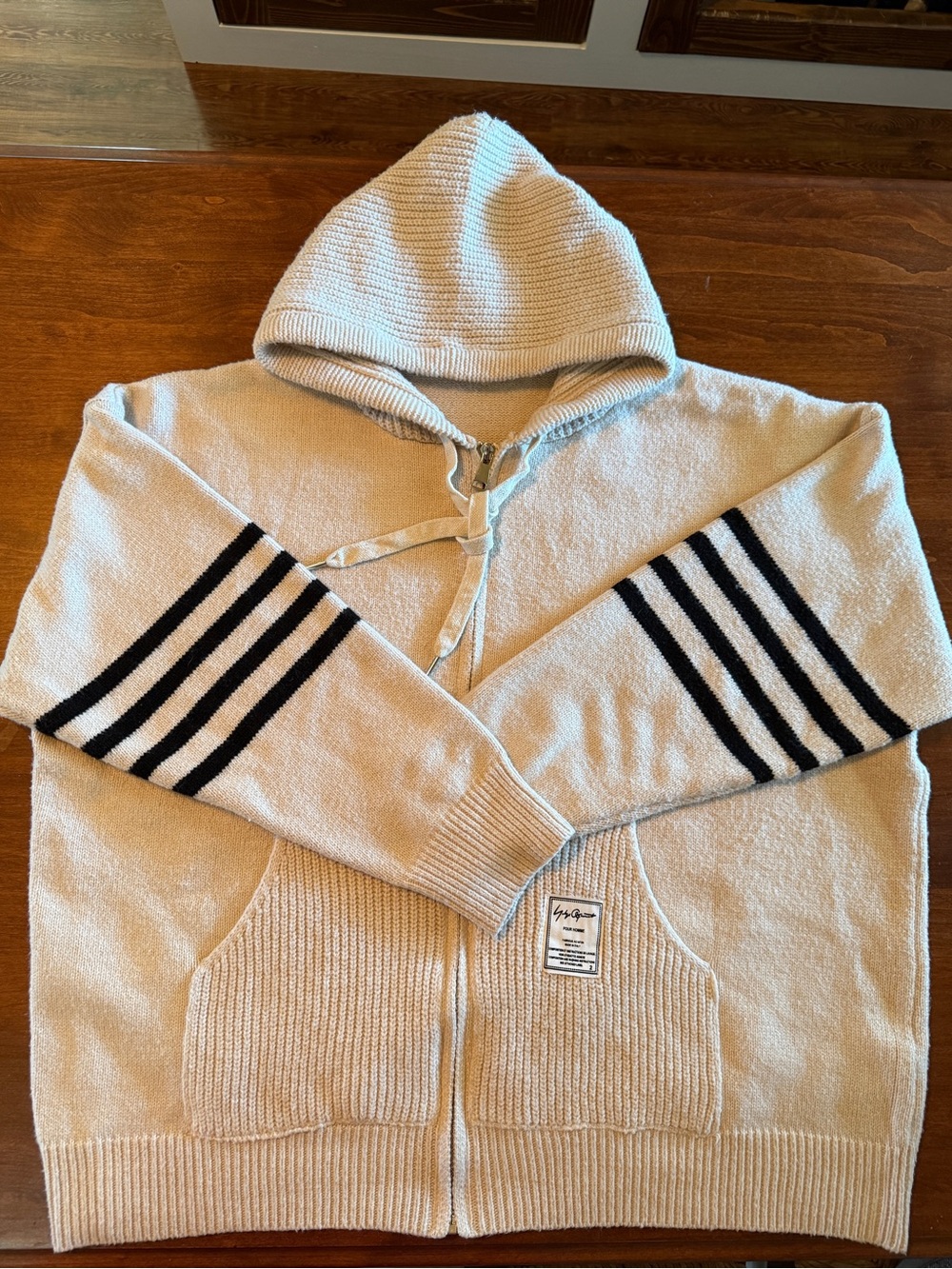 Yohji Yamamoto Cream Hooded Zip Sweater with Black Sleeve Stripes